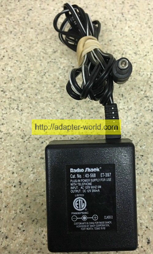 *100% Brand NEW* RADIO SHACK 43-568 ET-397 DC 12V 200mA AC Power Adapter Supply For Cordless Telephone Free sh